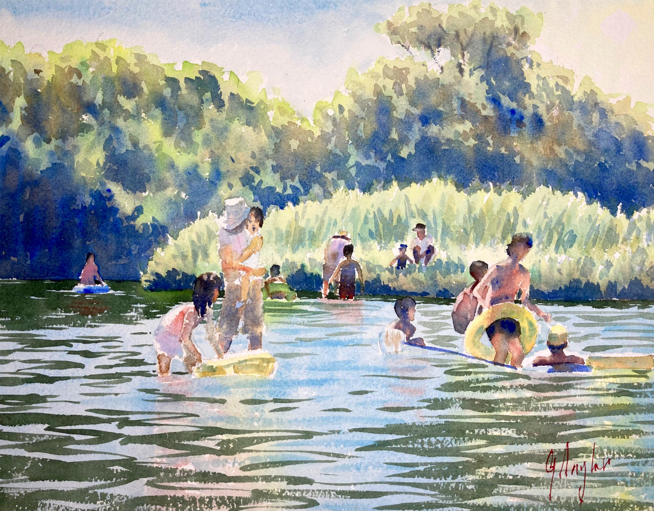 夏の日に川で遊ぶ子供たちの水彩画