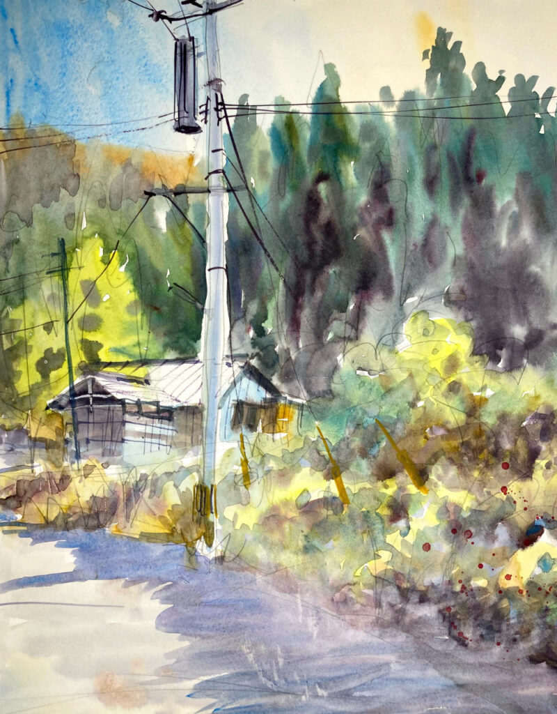 田舎の電柱の珍しい水彩画