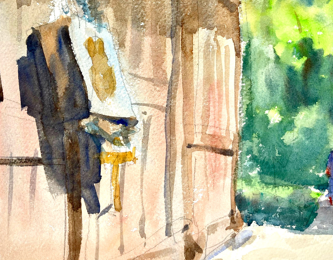 お寺の壁の水彩画