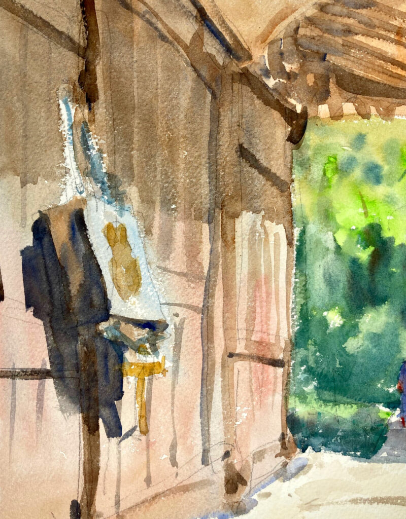 お寺の壁の水彩画