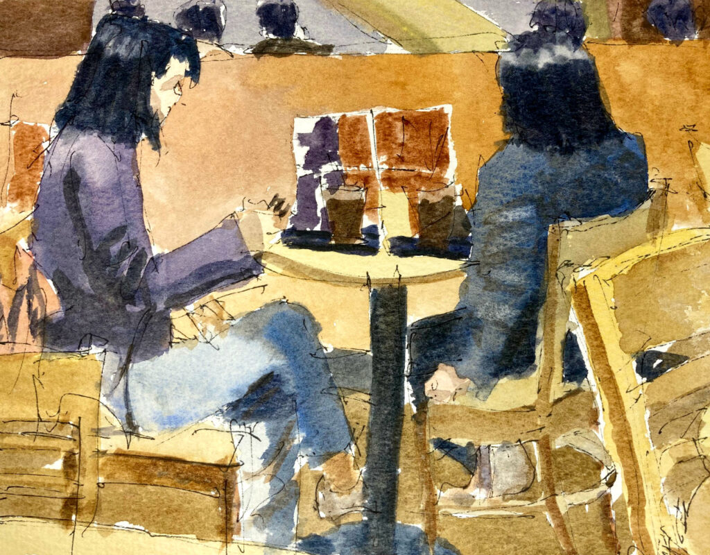 スターバックスのコーヒーショップでの人物の水彩画
