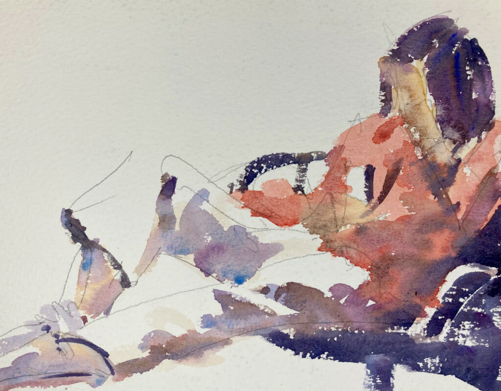 椅子に座っている女性のシンプルな水彩画の線とウォッシュスケッチ