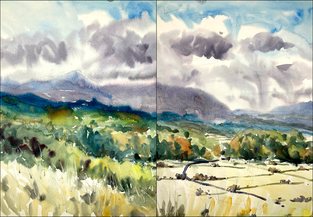 丘の上からの美しいパノラマシーンの水彩画