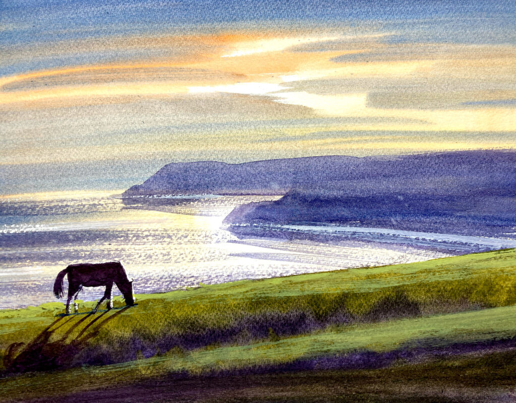 都井岬の野生の馬の水彩画