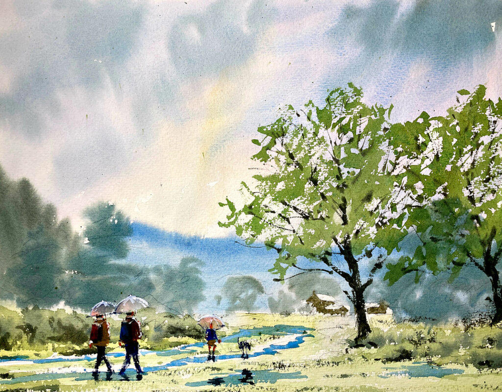 田舎の雨の中を歩く人々の水彩画