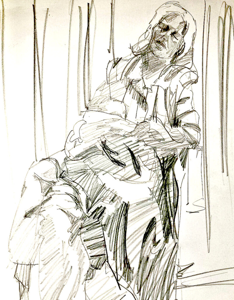 椅子に座って娘を抱いた母親の鉛筆画。 両方とも眠っています。