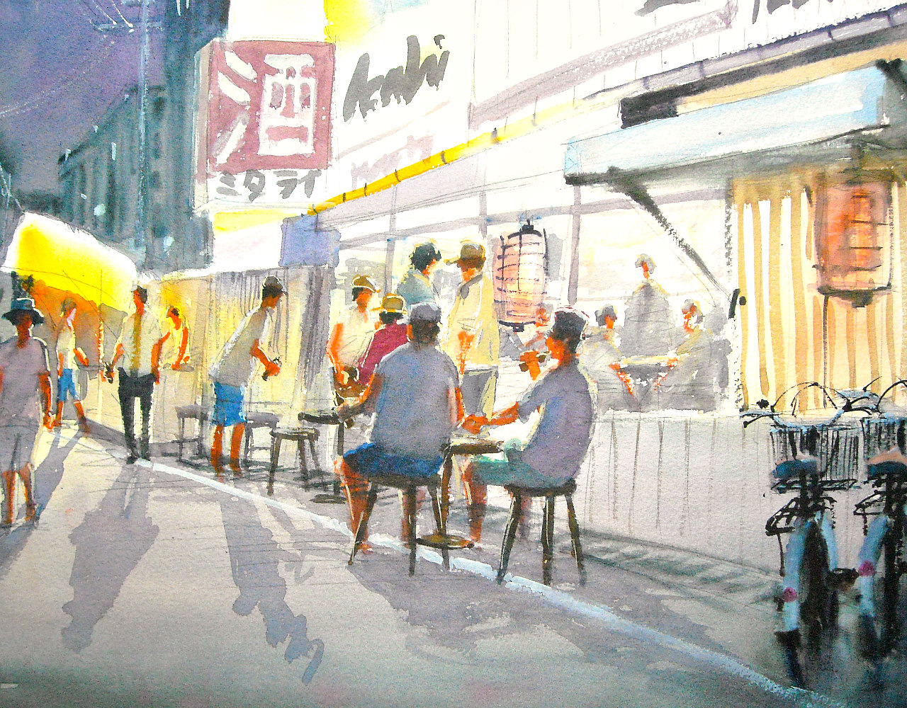 夜の日本のお祭りの水彩画