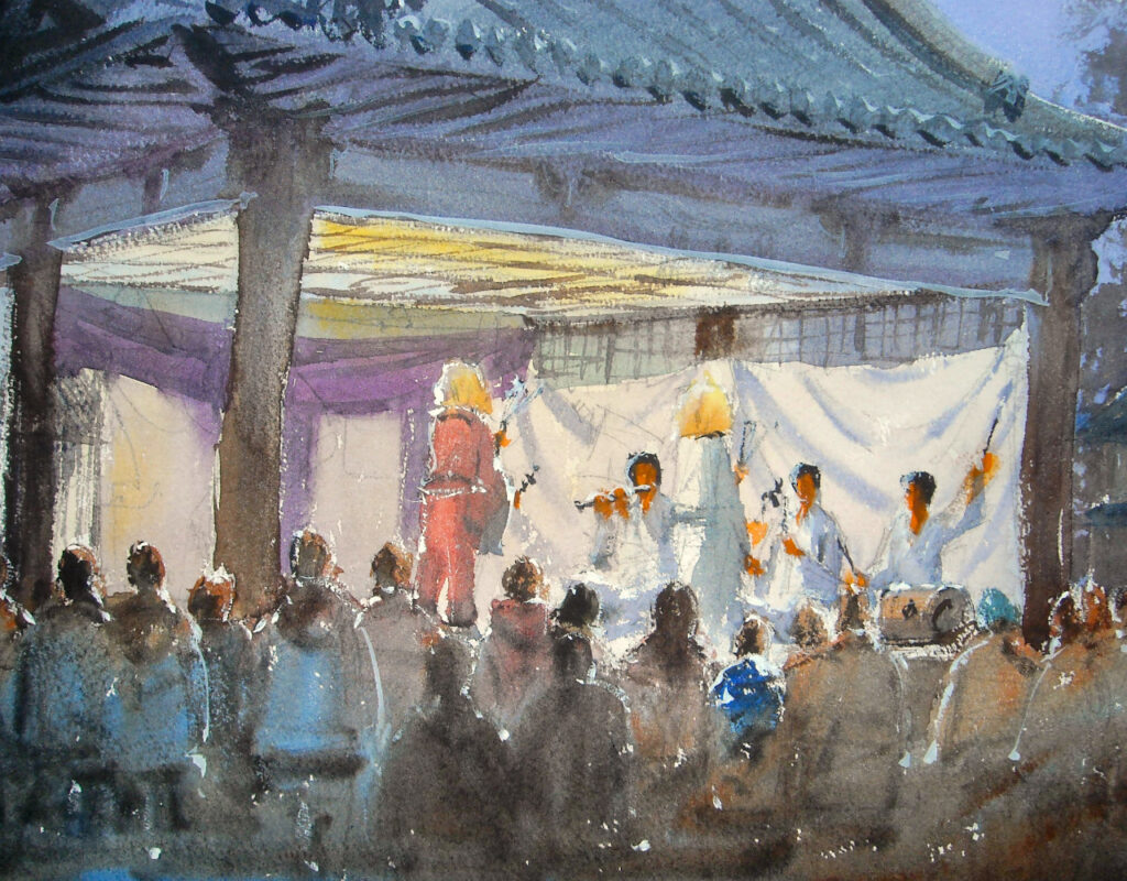 神道のパフォーマンスを見ている人々の水彩画