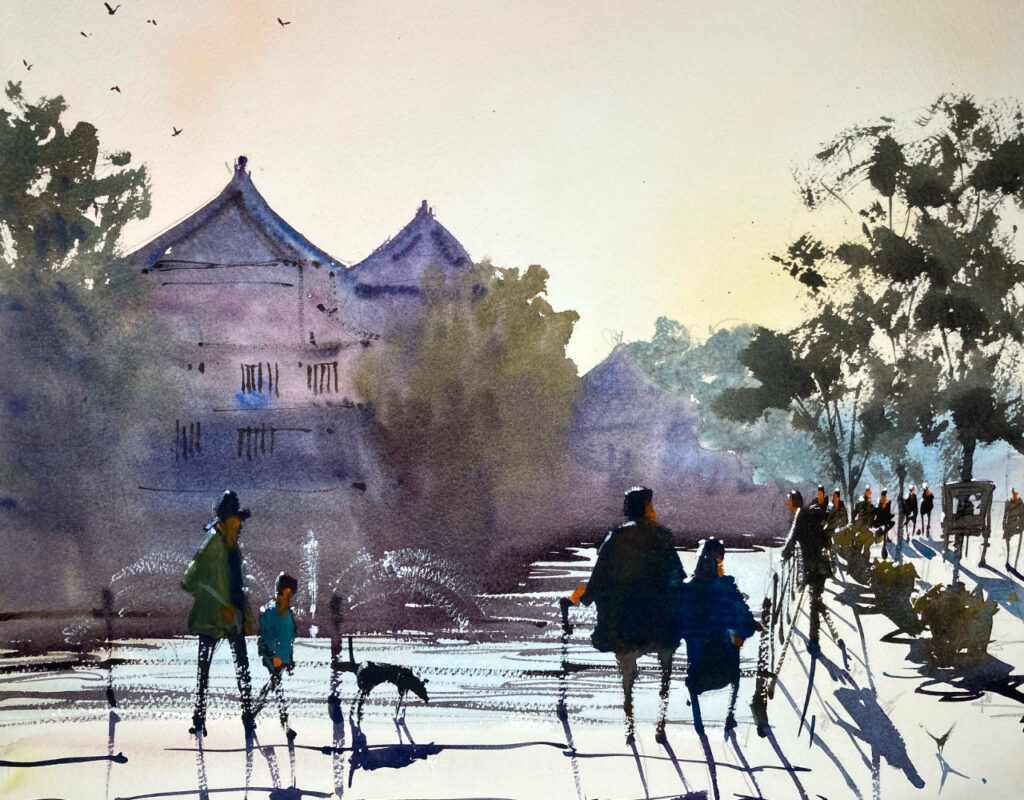 北九州市内中心部にある日本の伝統的な建物の水彩画