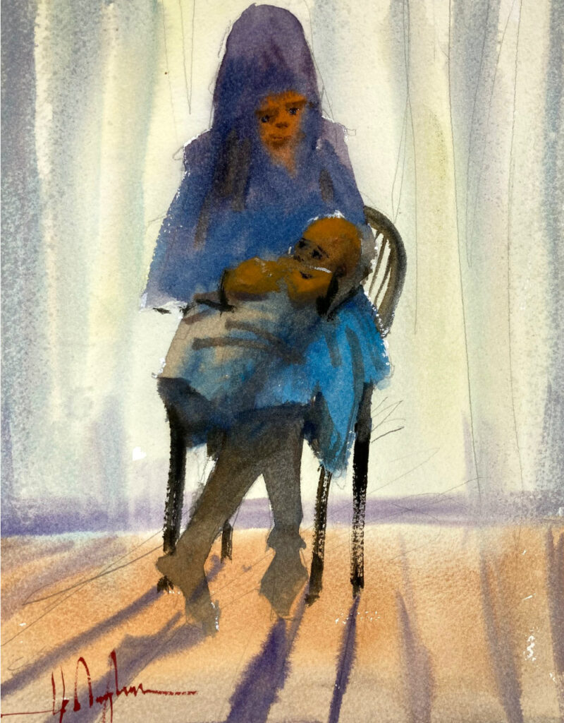 椅子に座って赤ちゃんを抱いている母親の水彩画