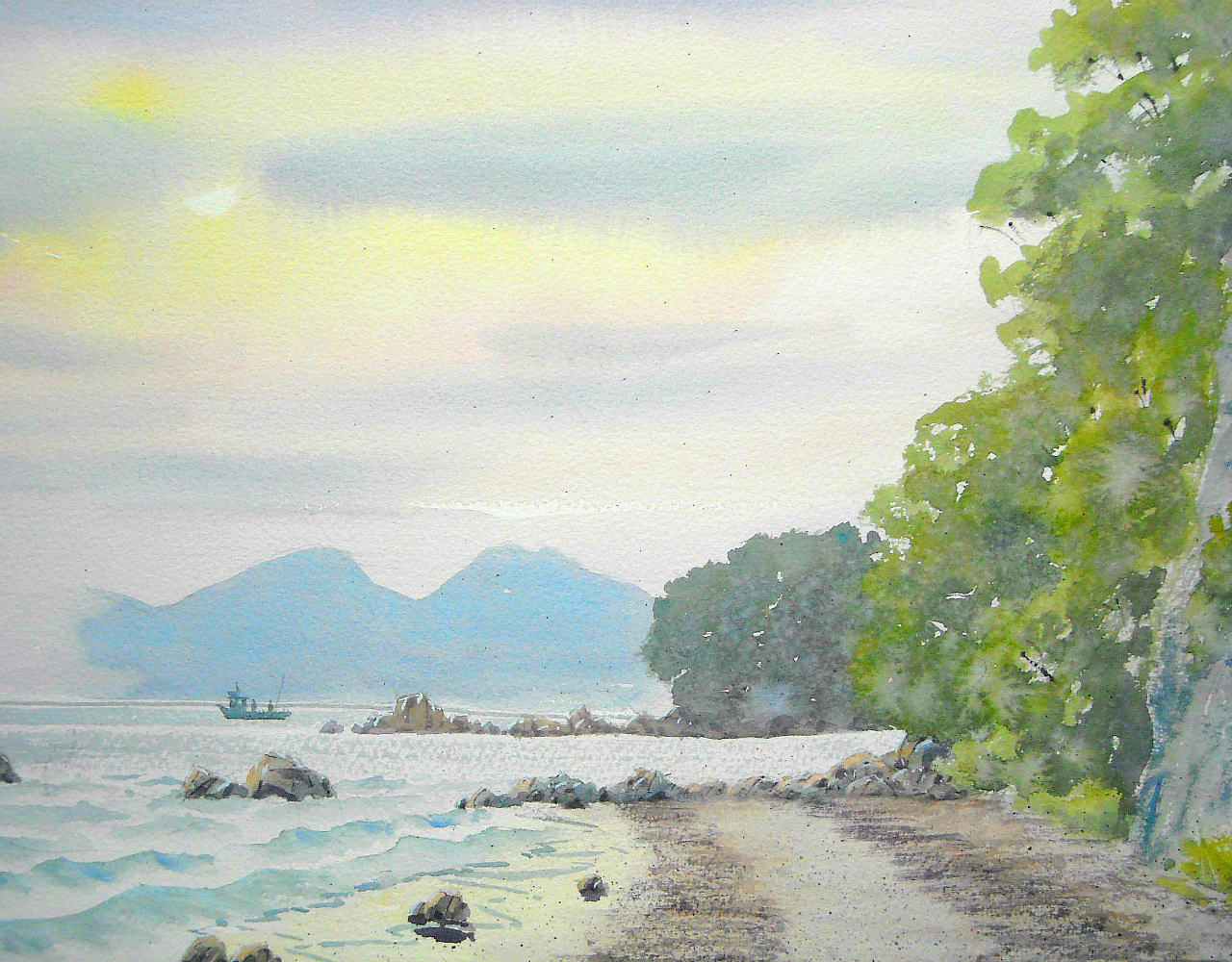 美しく平和なビーチシーンの水彩画