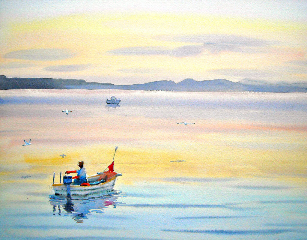 夕方の別府湾の小さな漁船の水彩画