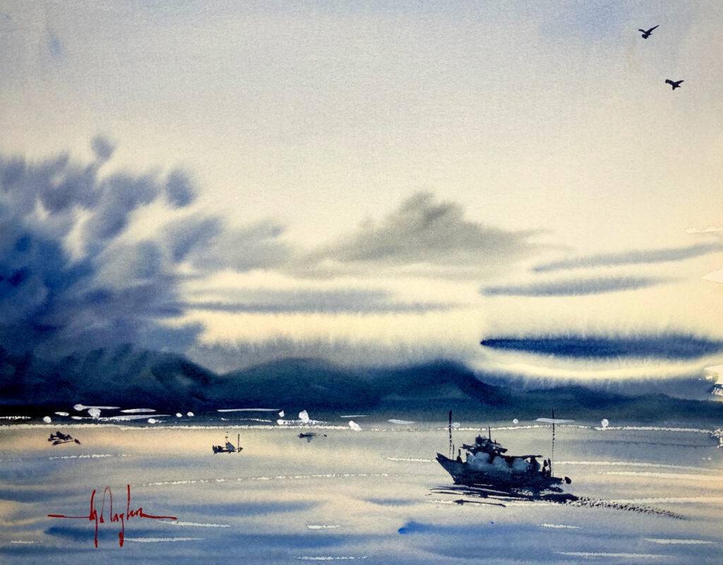 夕暮れ時の海景の水彩画