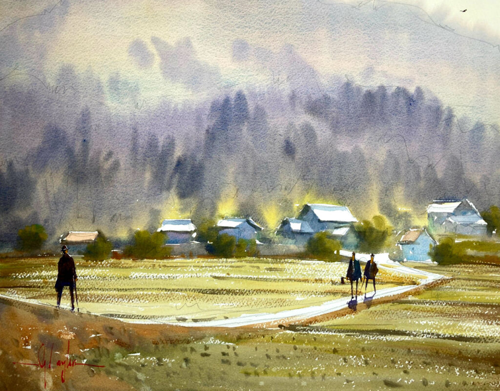 美しい日本の村の水彩画