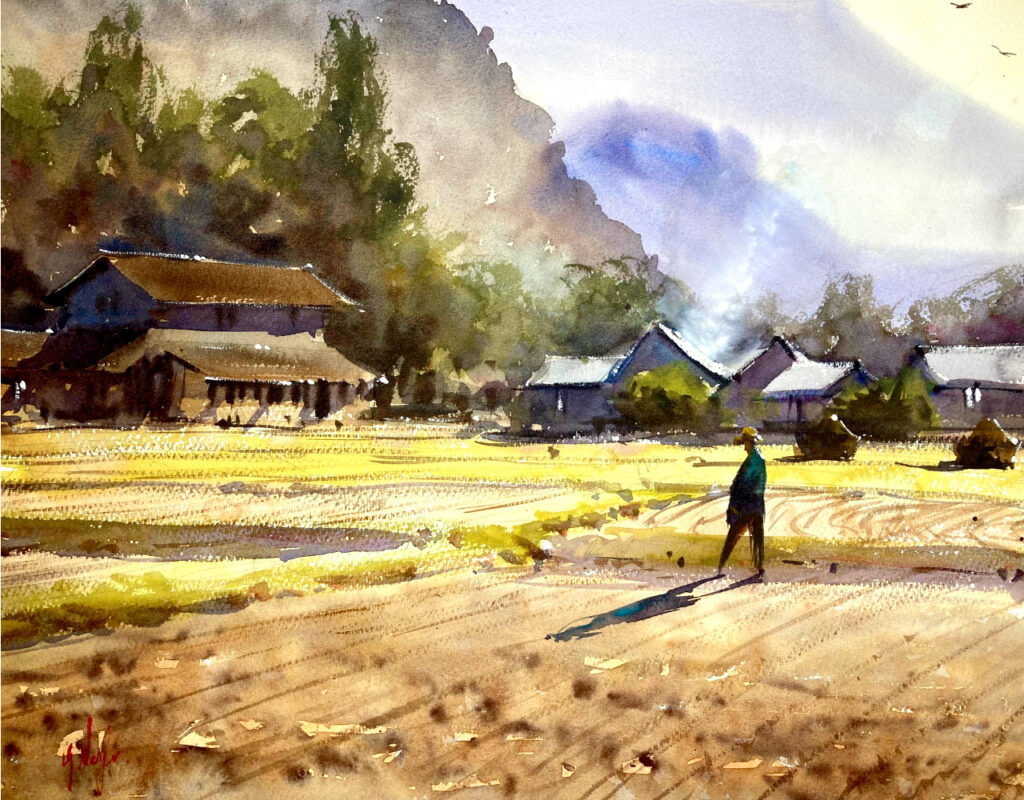 古い日本の納屋の水彩画