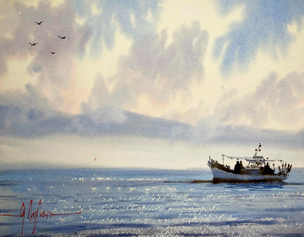 美しい日に漁船あるの海の水彩画
