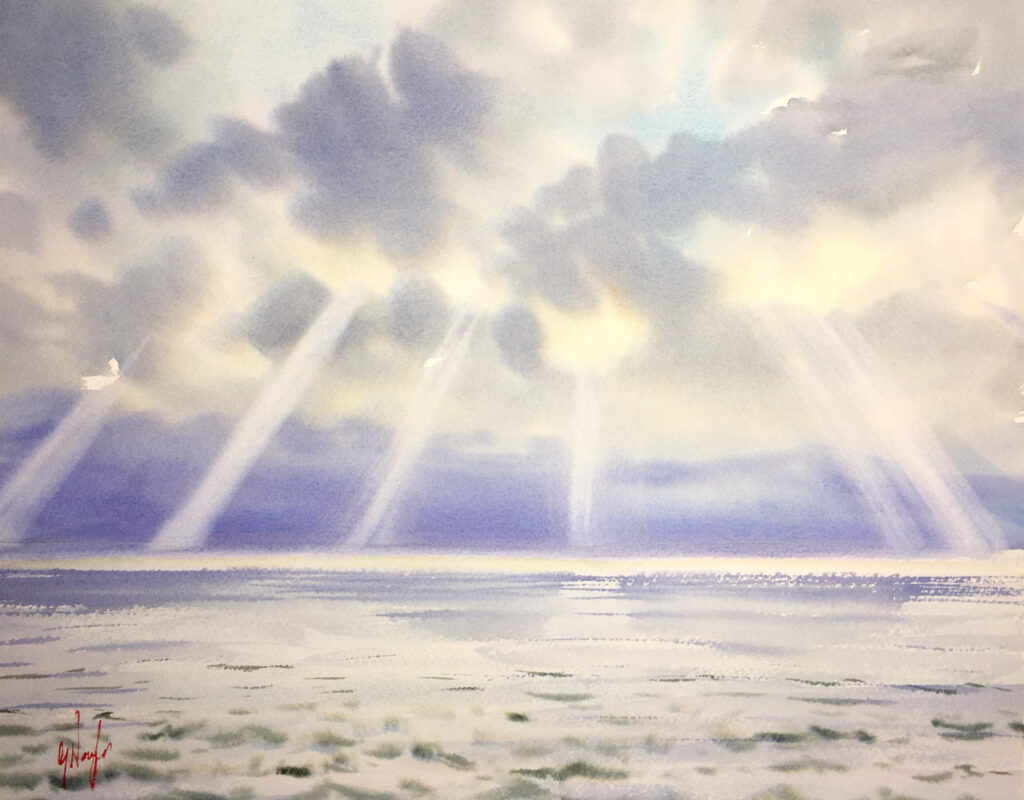 海に当たる光線の水彩画