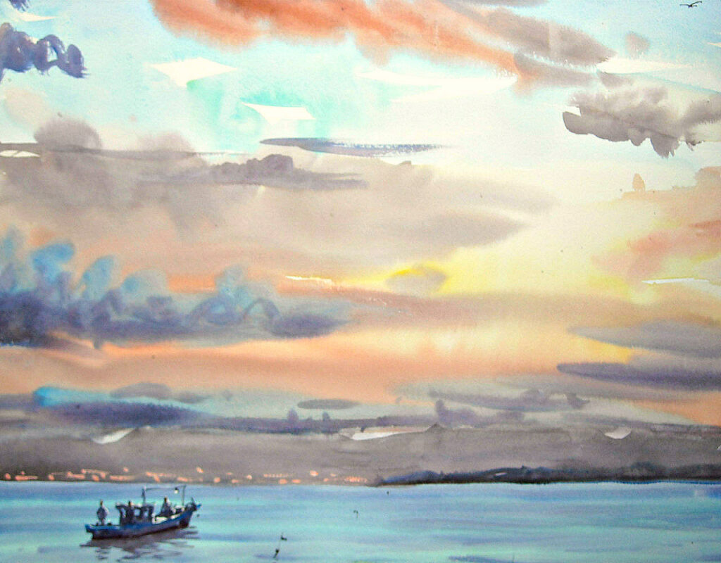 別府湾のドラマチックな夕方の空の水彩画