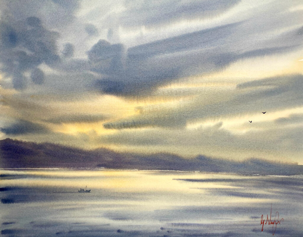夕方の光の最後の輝きを持つ海景の水彩画