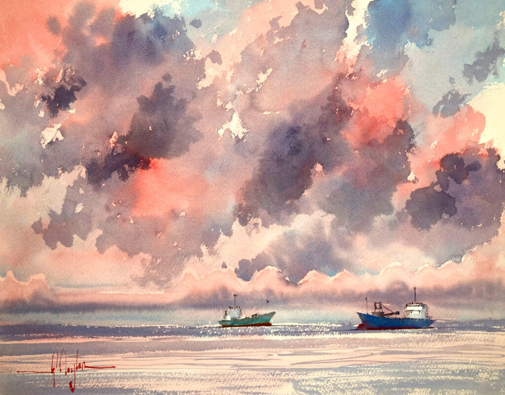 劇的な空の下に錨泊したの船あるの海景の画