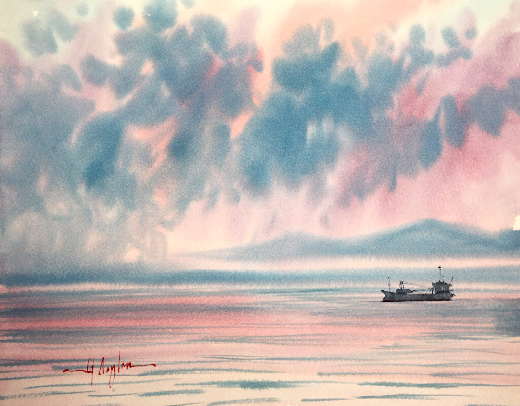 美しい夕方の空の下に別府湾を横断する船の水彩画