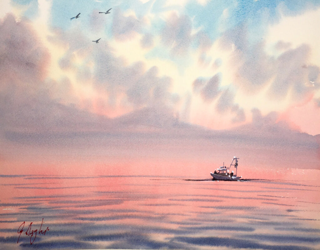 漁船と劇的に赤い夕方の空の海景絵画