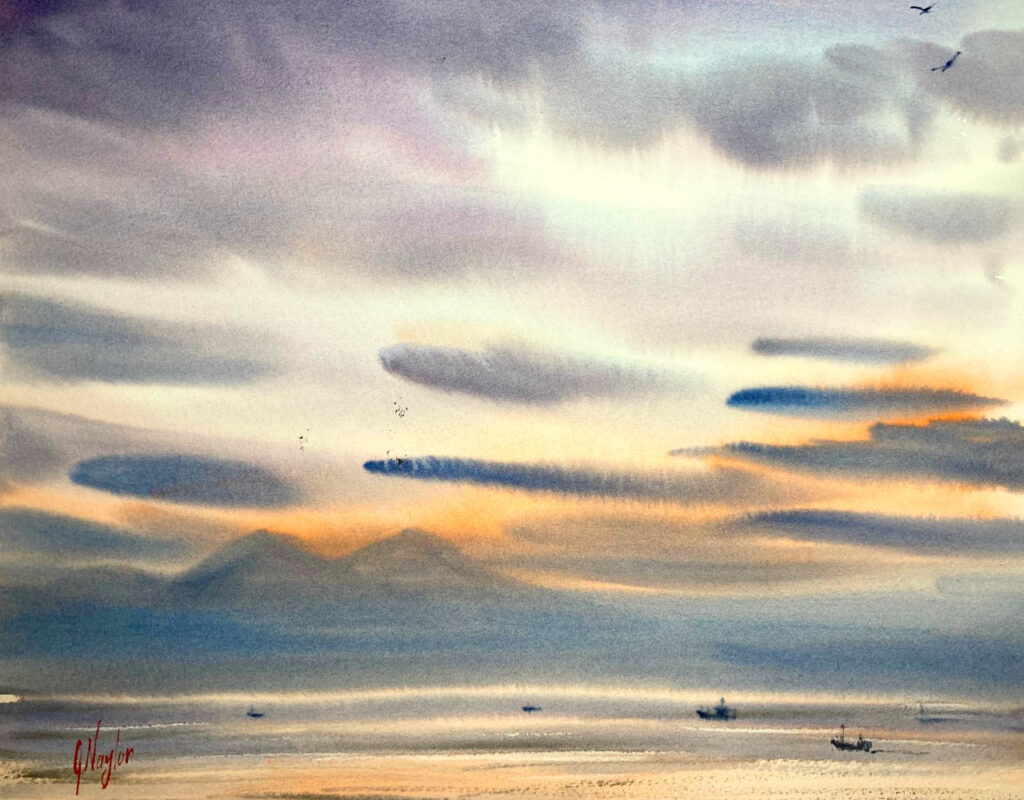 劇的で美しい夕方の空ある海の水彩画
