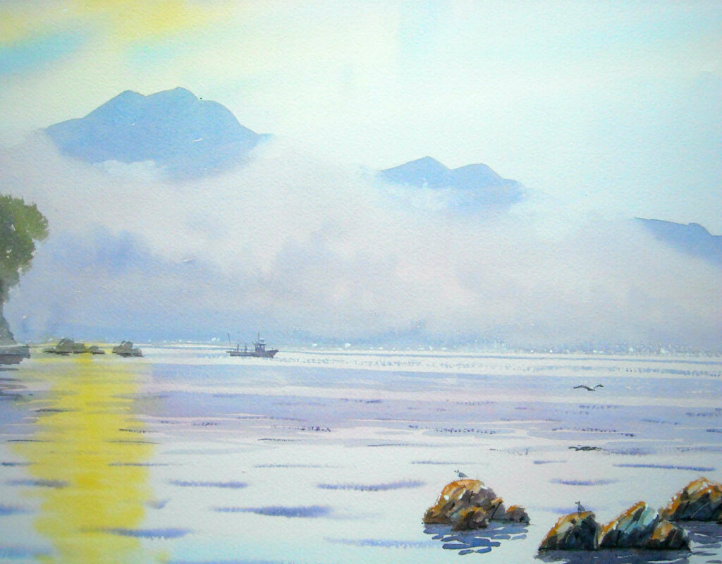 夕方の別府湾の水彩画