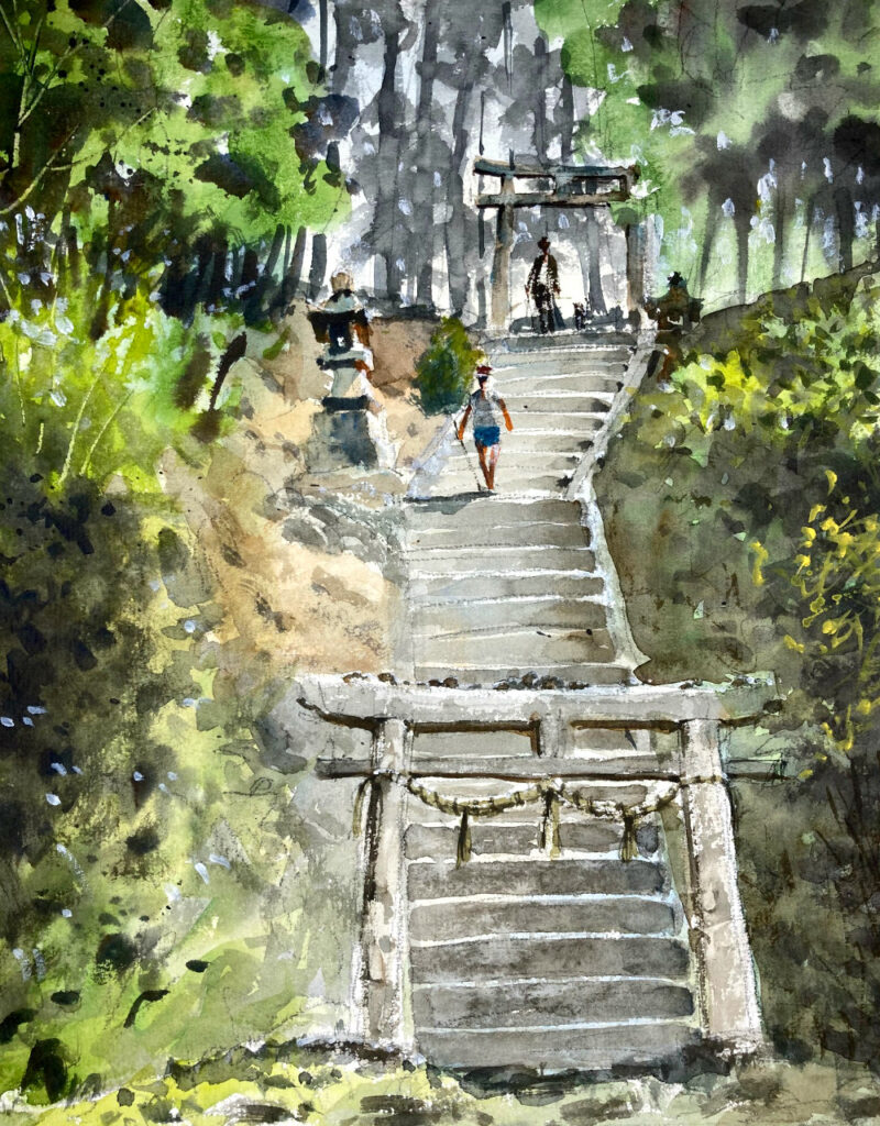 日本の神社に上がる急な階段の水彩画