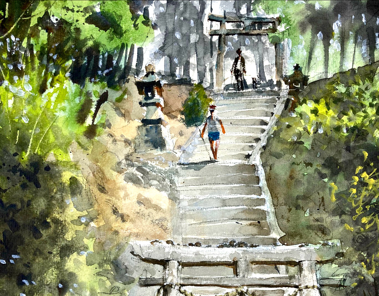 日本の神社に上がる急な階段の絵