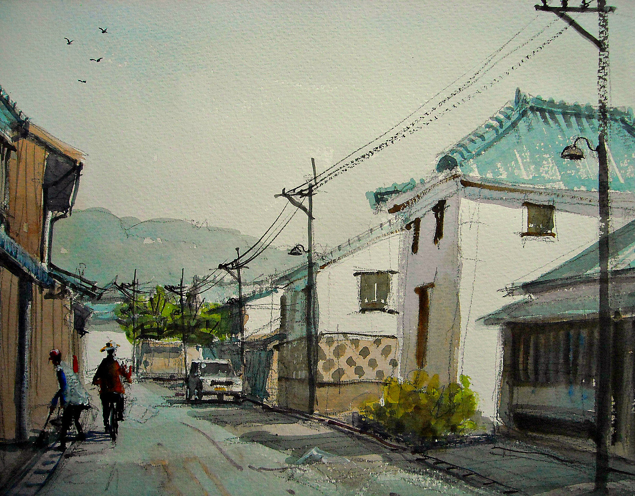 偶然見つけた日本の古風な通りの水彩画