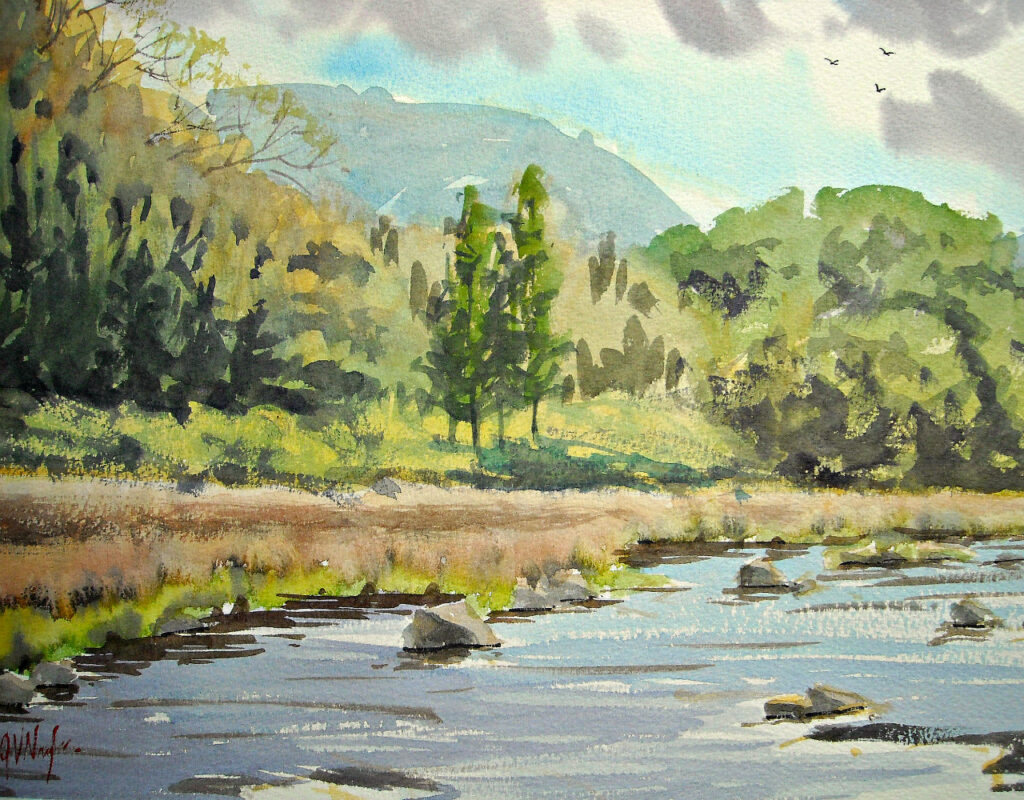 田舎の日本の川の水彩画