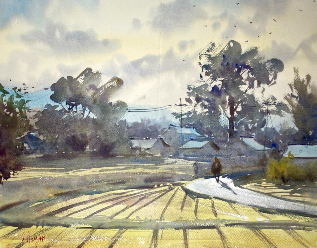 小さな美しい日本の村の水彩画 