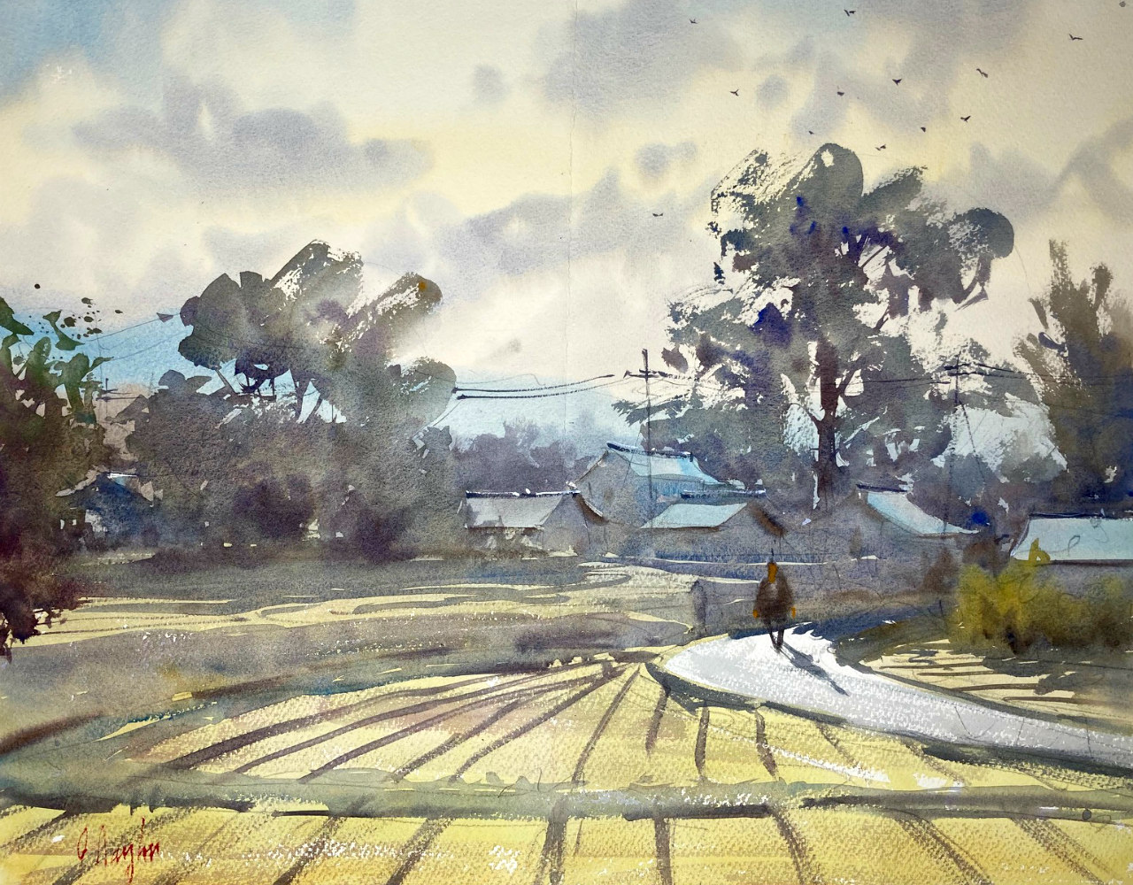 福岡県の美しい村の水彩画