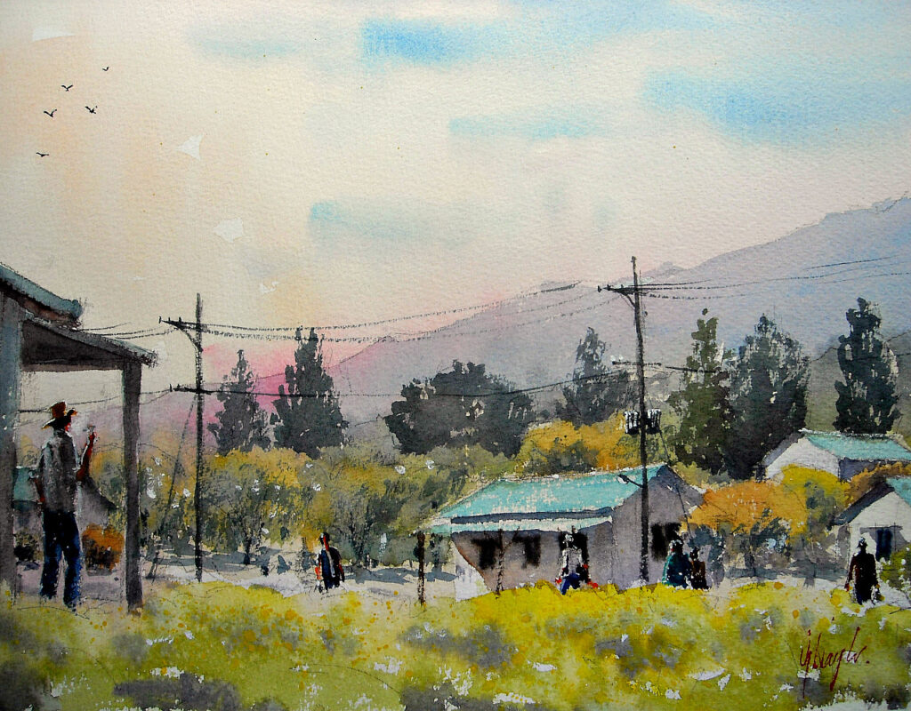 夕方の日本の田舎の水彩画