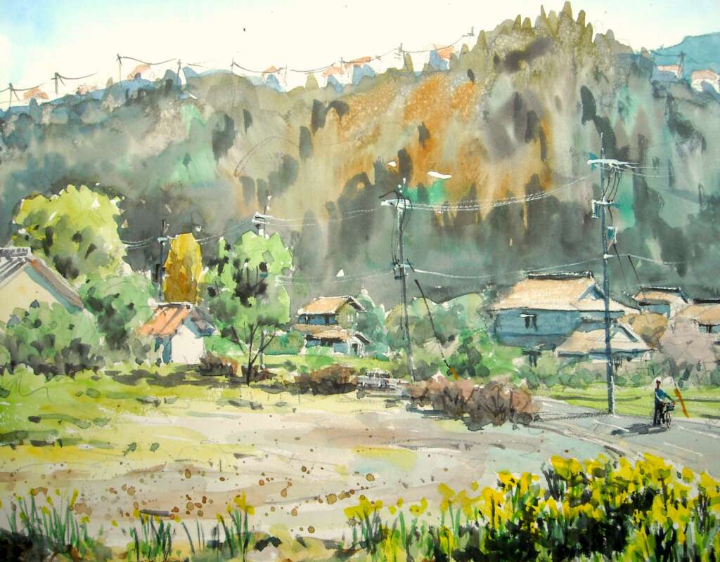 大分県の田舎の水彩画
