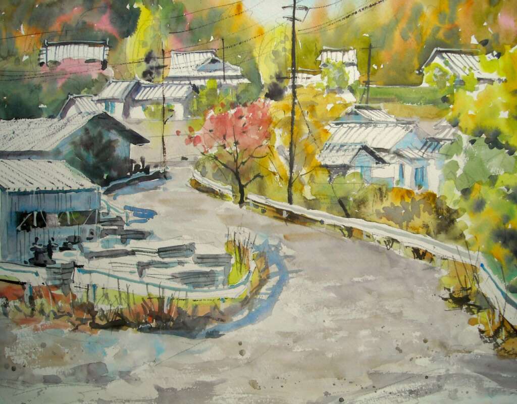 大分県の稙田周辺の村の水彩画