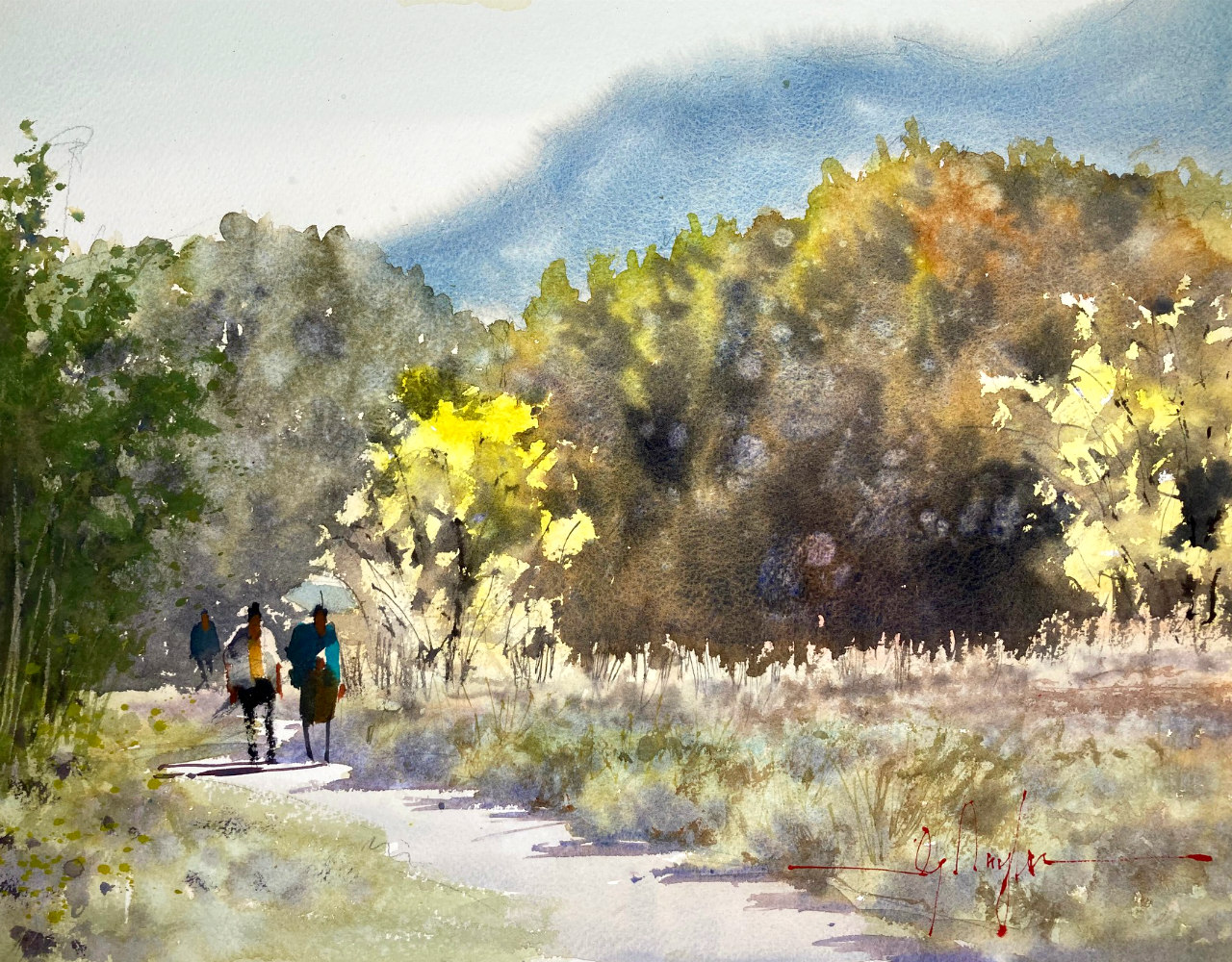 七瀬公園の美しい紅葉の水彩画