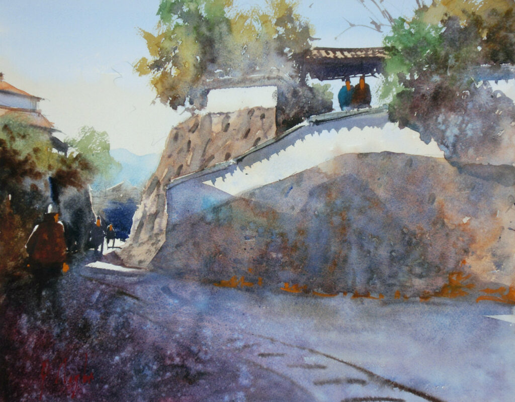 二王座と呼ばれる日本の歴史的な通りの水彩画