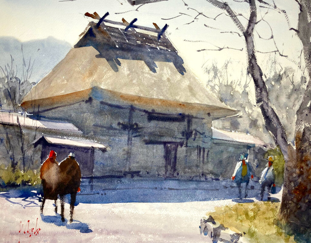 茅葺き屋根の日本の伝統的な建物の水彩画