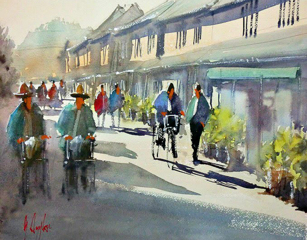 日本の伝統的な通りの水彩画