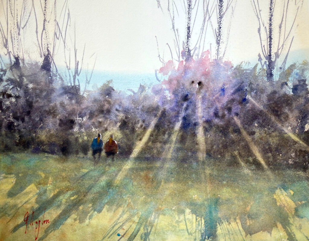 木々の間から輝く夕方の日光の水彩画