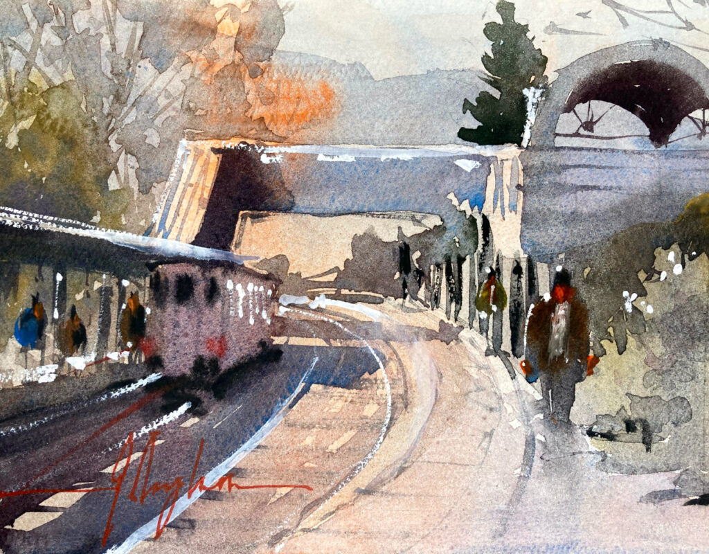 日本の小さな駅の水彩画