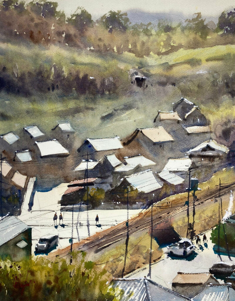 高い視点から見た日本の小さな町の水彩画