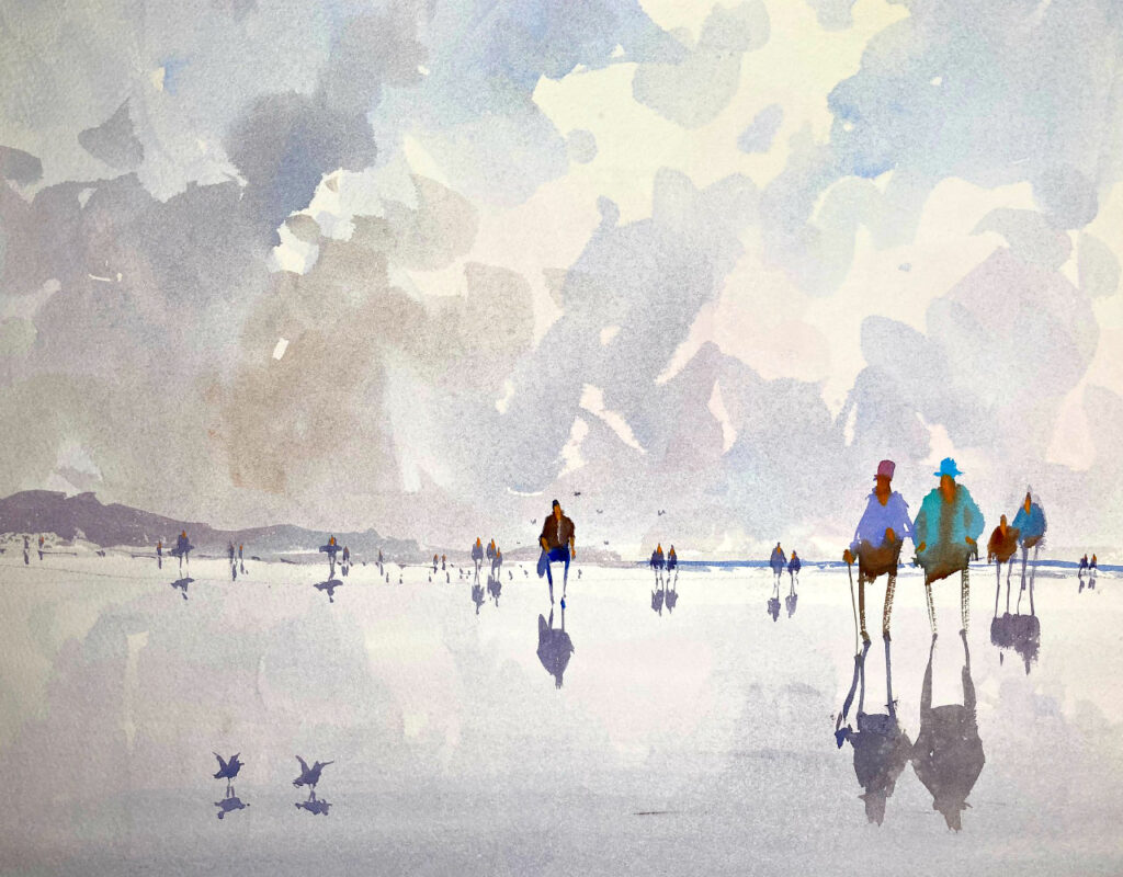 美しい空の反射のあるビーチ-水彩画