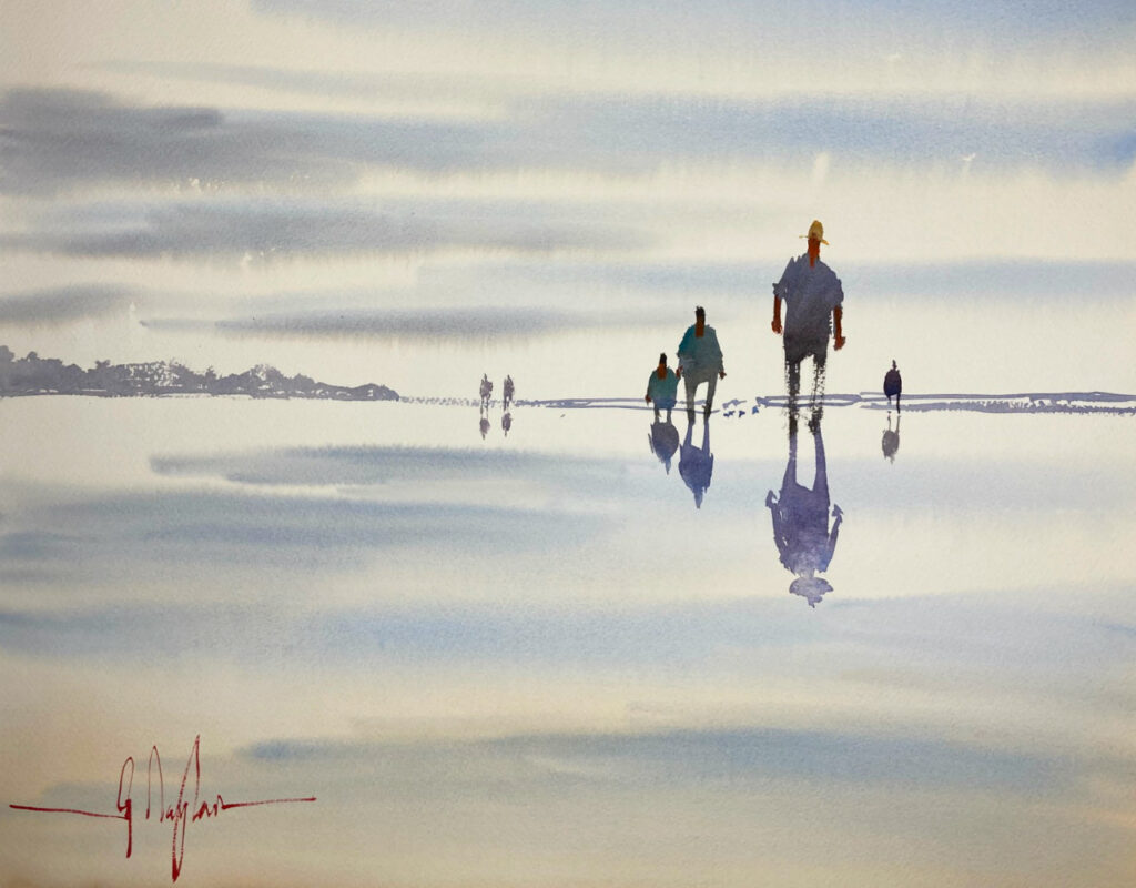 ソフト空のビーチの反射-水彩画