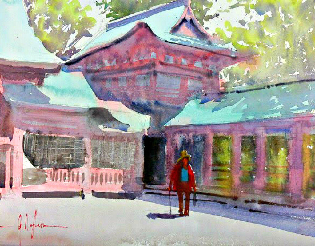 梼原神社の囲いの水彩画