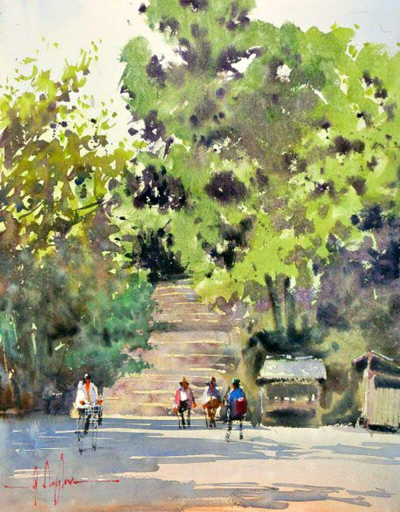 梼原神社に続く階段の水彩画