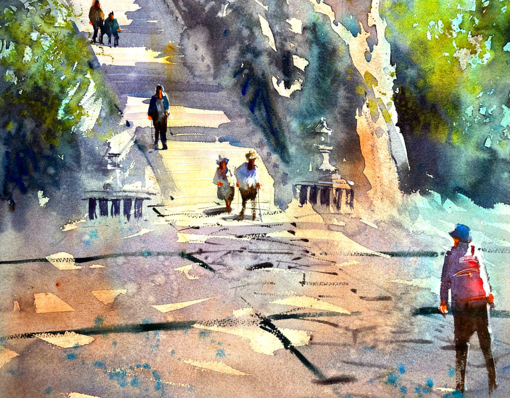 梼原神社への小道の水彩絵