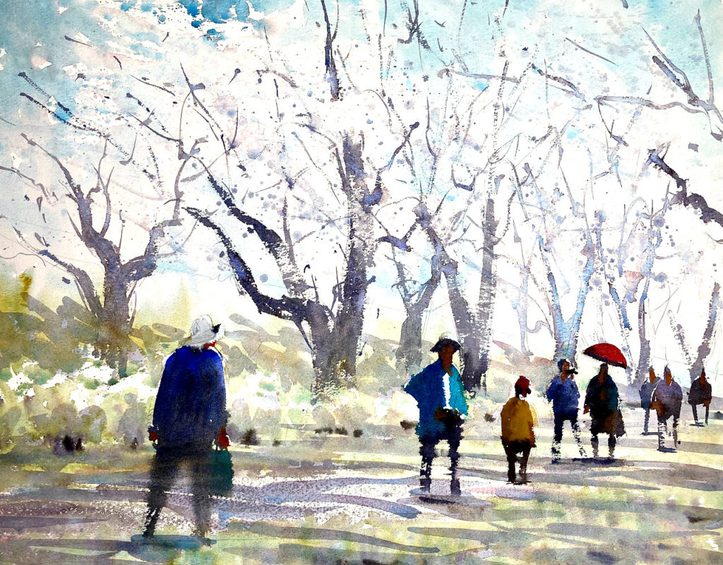 桜の木々の下を散歩する人々の水彩画